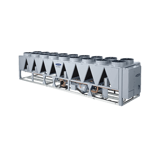 Side view of energy efficient Carrier AquaForce 30XV air cooled variable-speed screw chiller AC with sound reduction