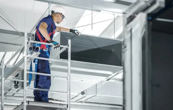 An engineer carefully installing a large business scale air conditioning system