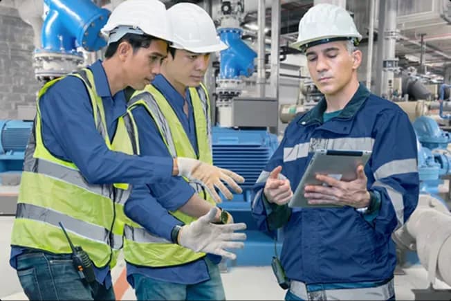 A team of engineers reviewing the HVAC system layout and parts on a device