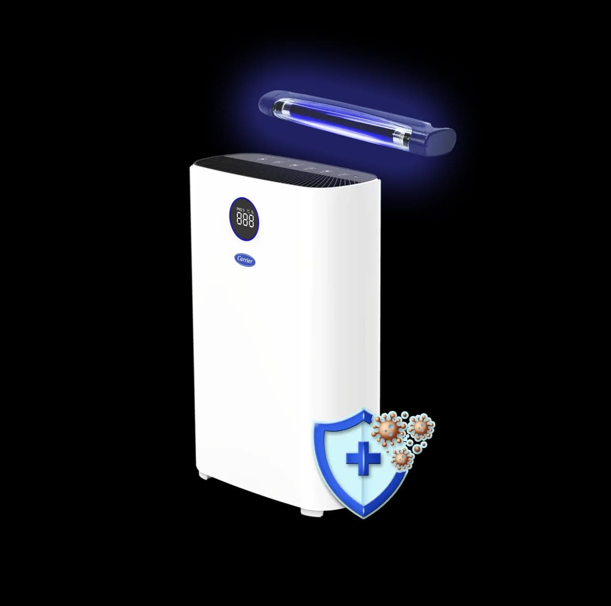 Side view of UV care air purifier that purifies harmful pathogens from the air with UV C light and photocatalytic filter