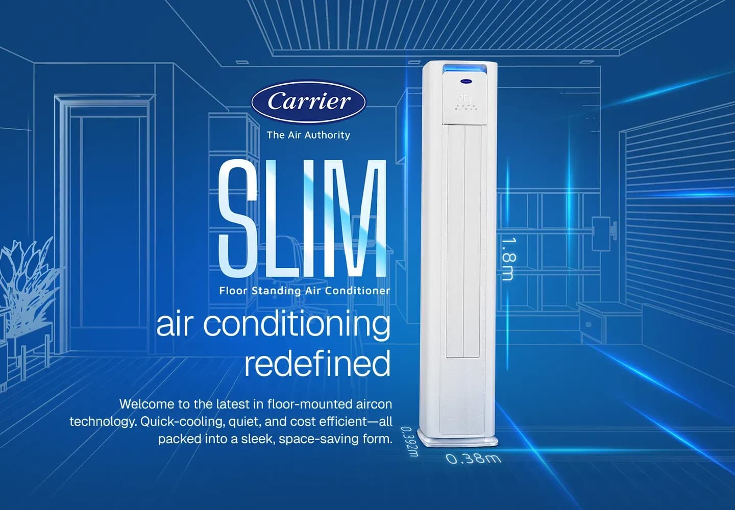 Promotional banner of carrier slim air conditioner designed for compact spaces with modern aesthetic and efficient cooling