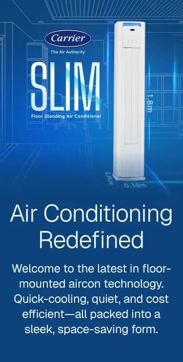 Vertical banner of carrier slim air conditioner showcasing compact design for modern spaces with efficient cooling performance