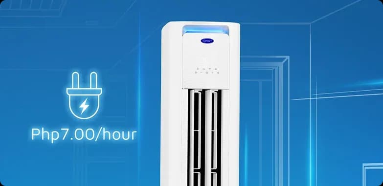 Carrier slim air conditioner showing php 7 per hour energy cost for affordable and efficient cooling