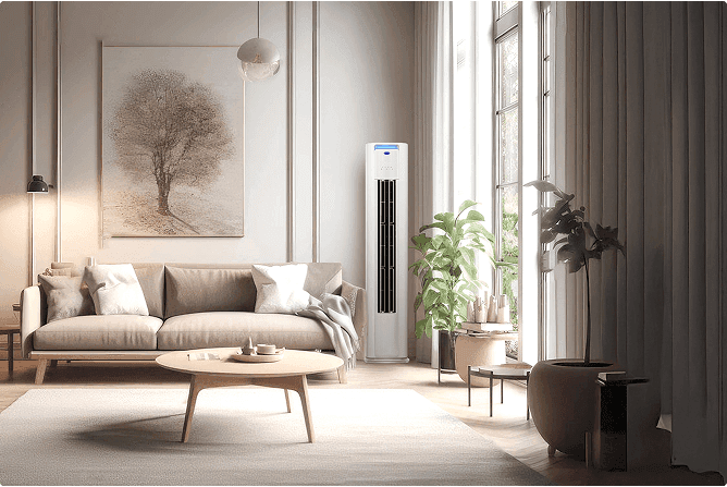 Carrier slim air conditioner in living room providing quiet cooling clean air and energy efficient comfort for home use