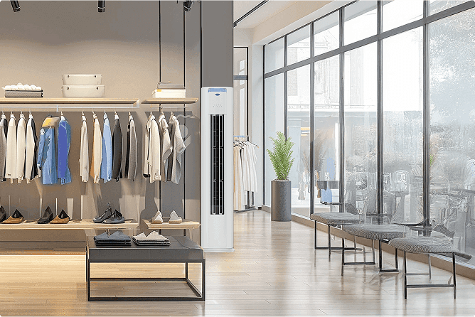 Carrier slim air conditioner in retail store providing even cooling quiet operation and energy efficient comfort for shoppers