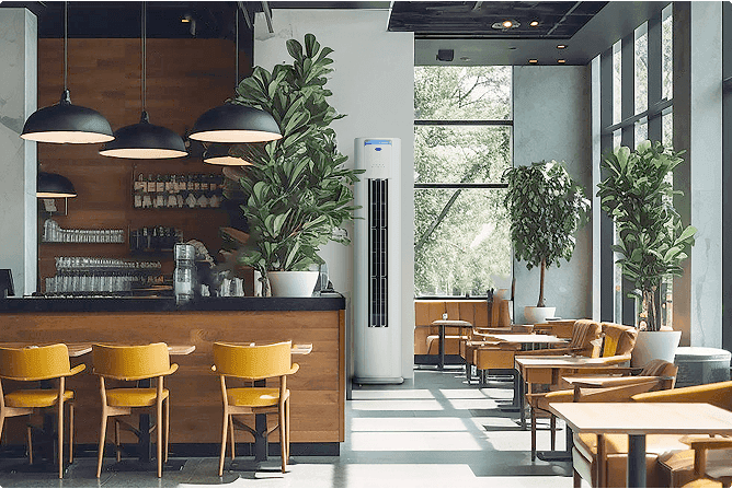 Carrier slim air conditioner in restaurant providing even cooling quiet operation and energy efficient comfort for diners