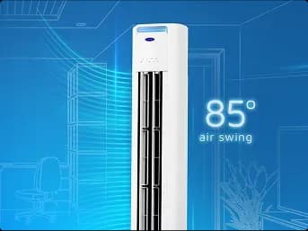 Carrier slim floor standing air conditioner showing 85 degree air swing for wider airflow and even room cooling