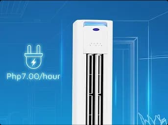 Carrier slim floor standing air conditioner showing php 7 per hour cost for energy efficient and budget friendly cooling