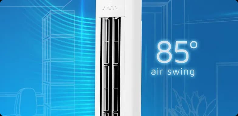 Close view of carrier slim air conditioner airflow with 85 degree air swing for improved air distribution across the room