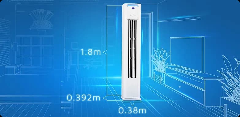 Carrier slim floor standing air conditioner with dimensions 1 8m height 0 392m depth and 0 38m width for compact spaces