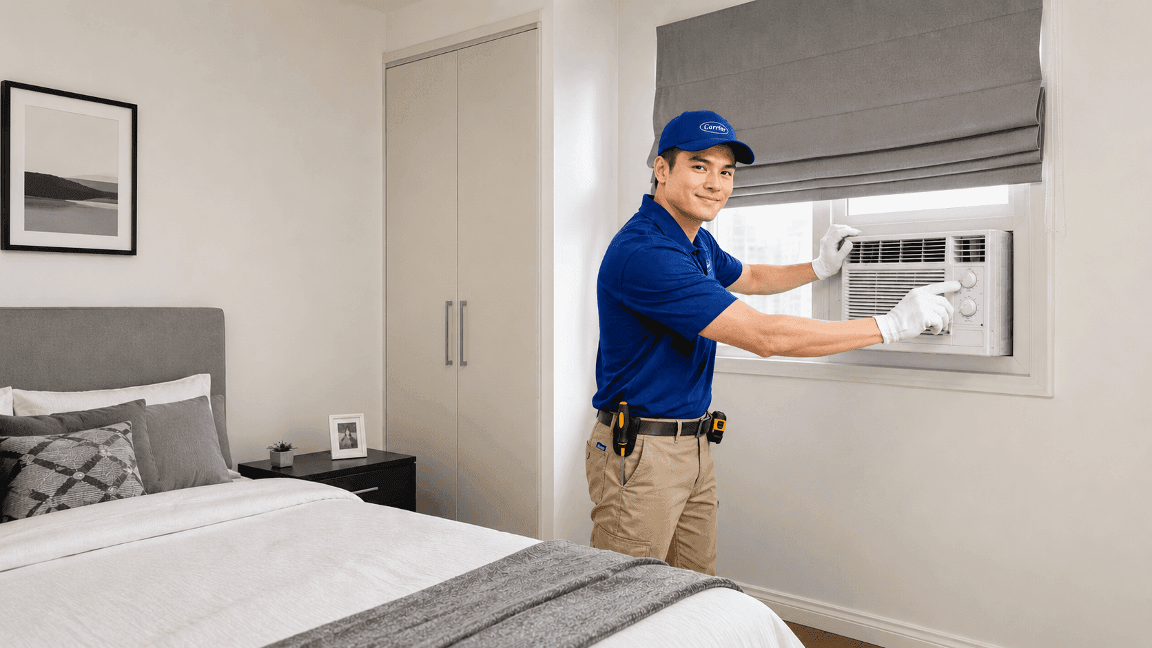 Carrier-certified technician inspecting and cleaning a home air conditioner